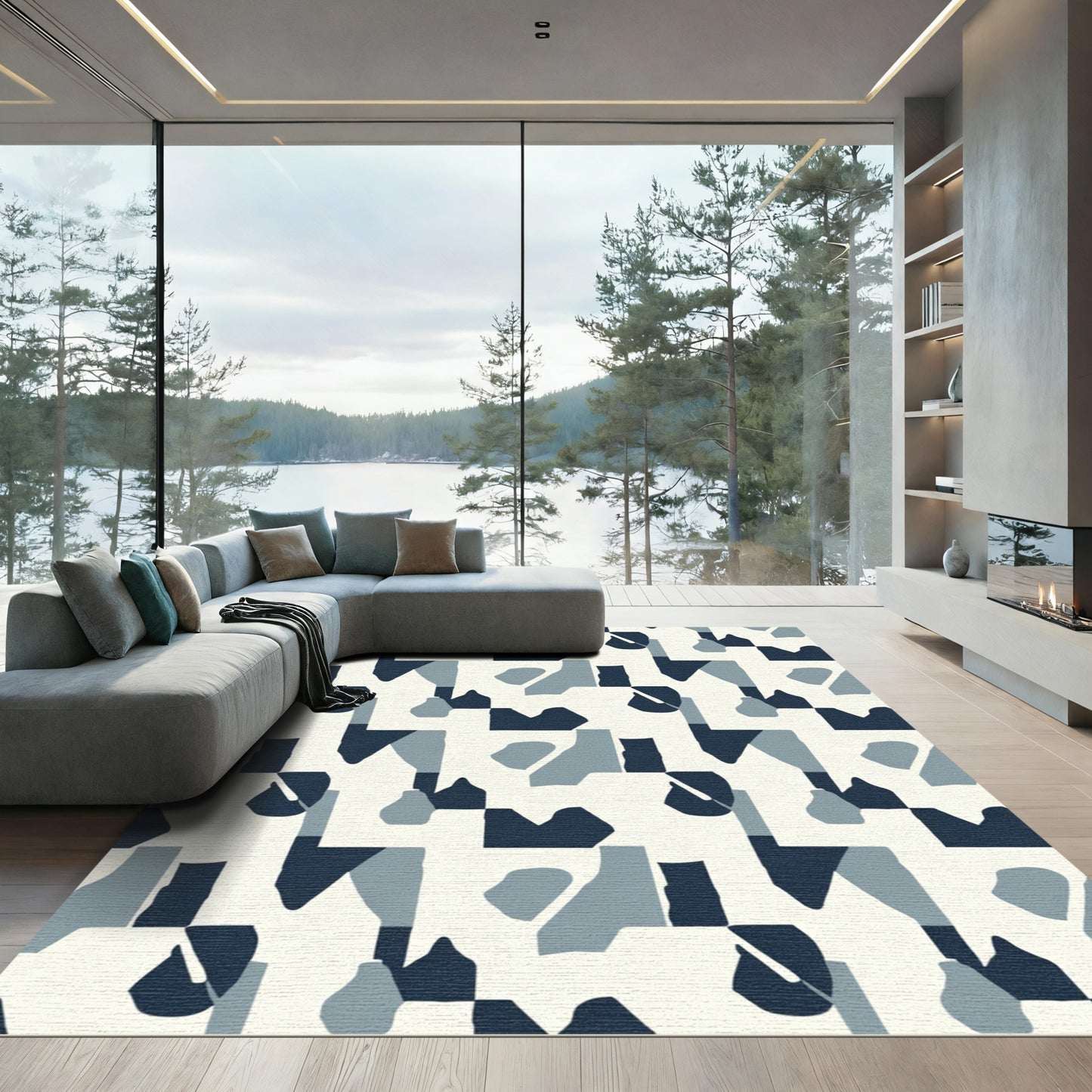 Abstract Indigo Gray Forms Rug