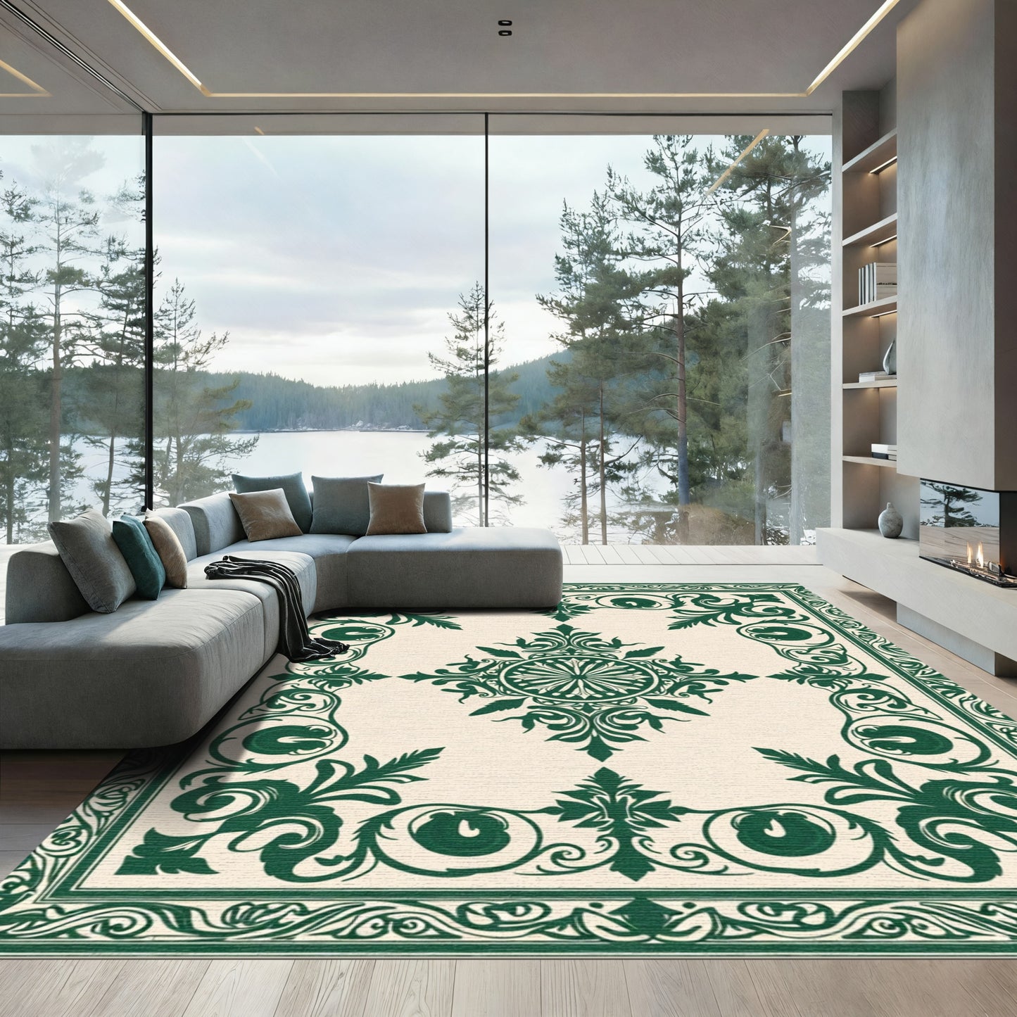 Dark Green Ornate Vine Medallion Rug