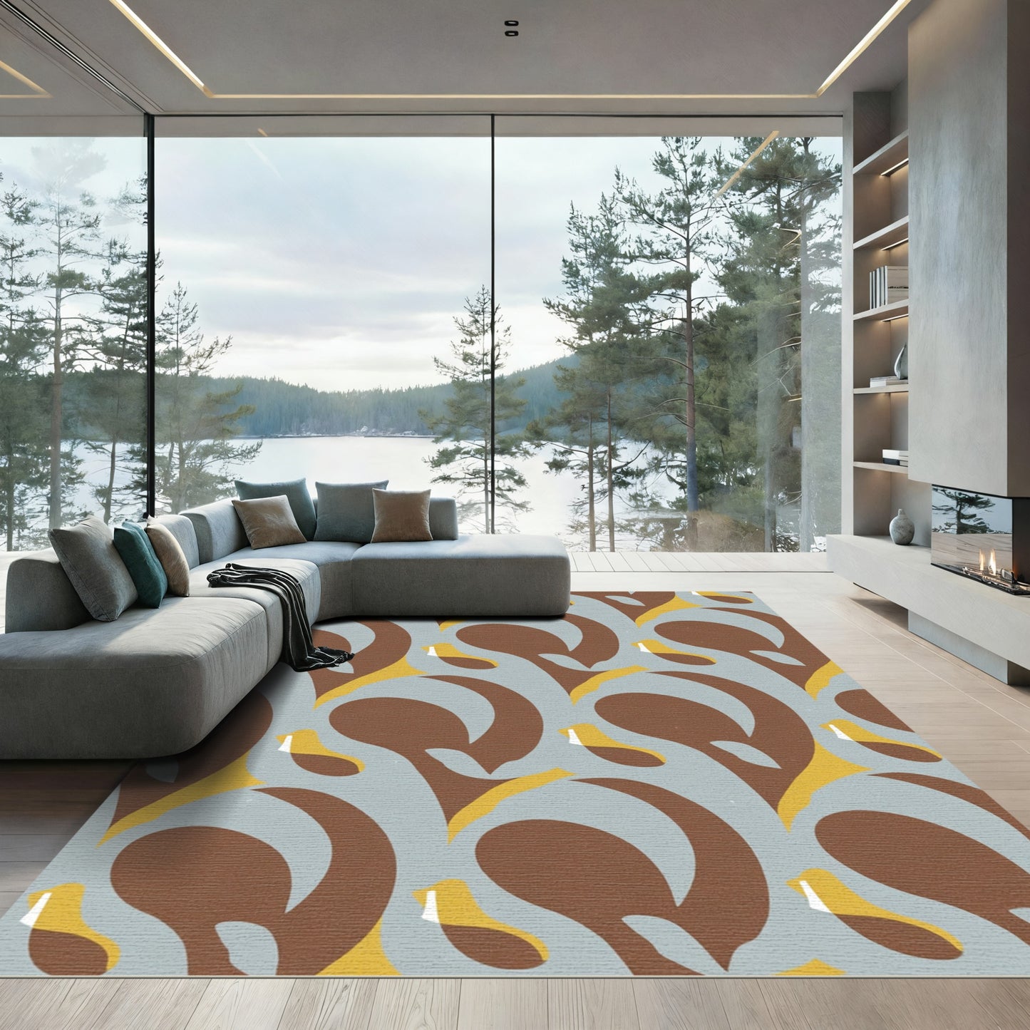 Mid Century Brown Yellow Swirl Rug
