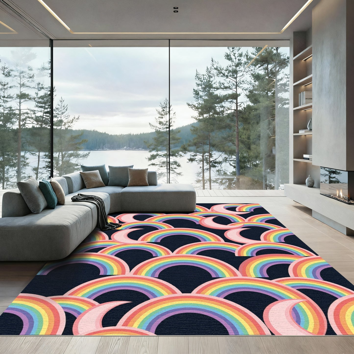 Pink Crescent Rainbow Arc Composition Rug