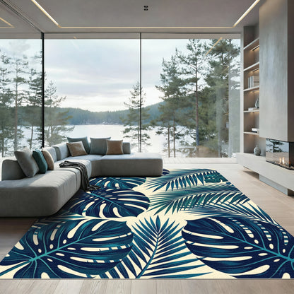 Deep Teal Tropical Leaf Collage Rug