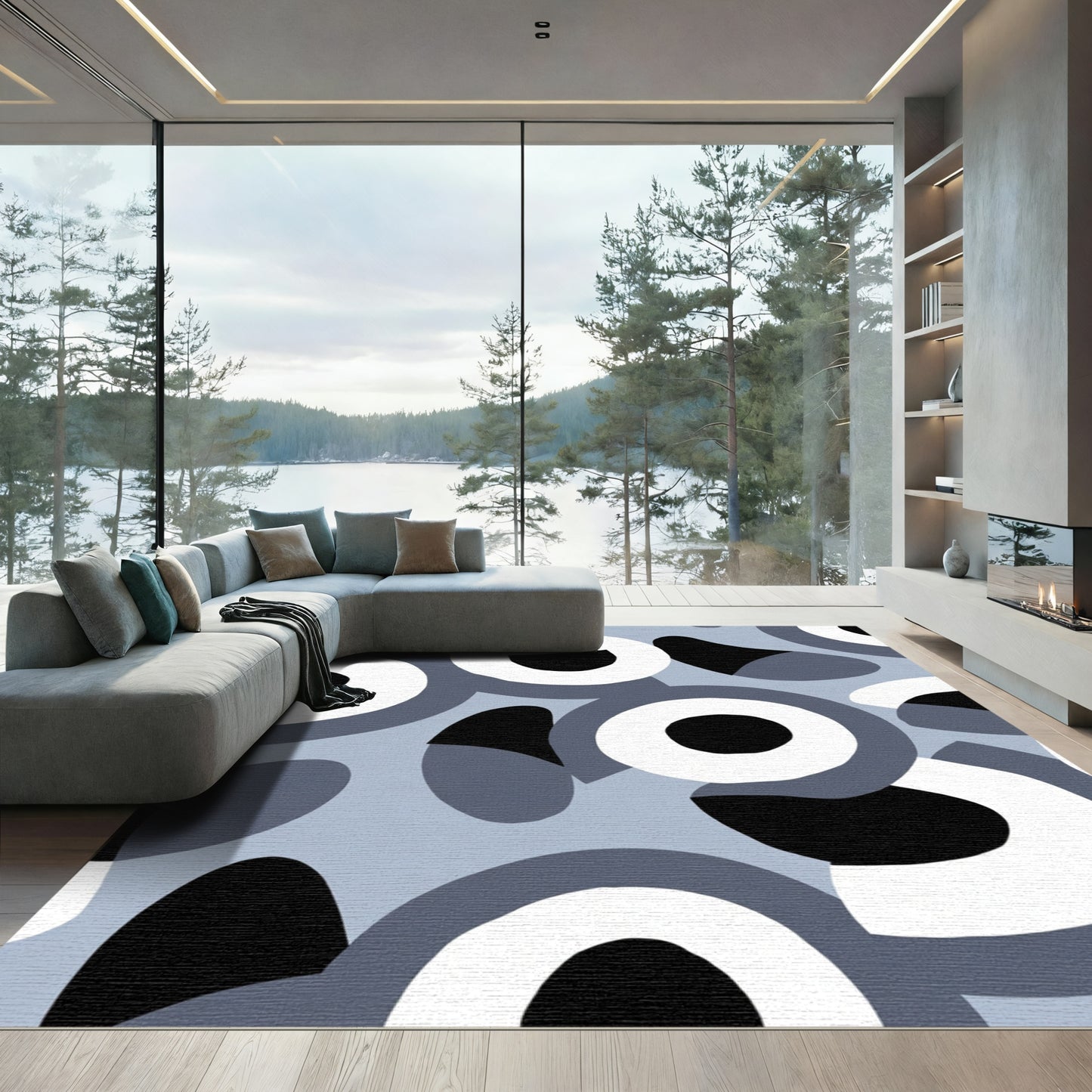 Abstract Gray Black White Circles Rug