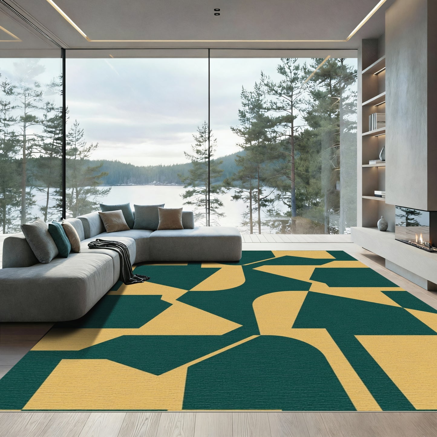 Deep Teal Ochre Geometric Abstraction Rug