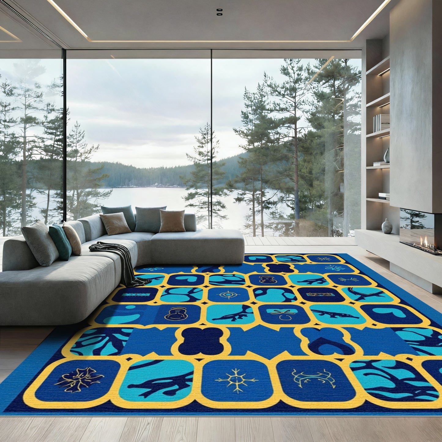 Cobalt Blue Geometric Animal Medallion Rug