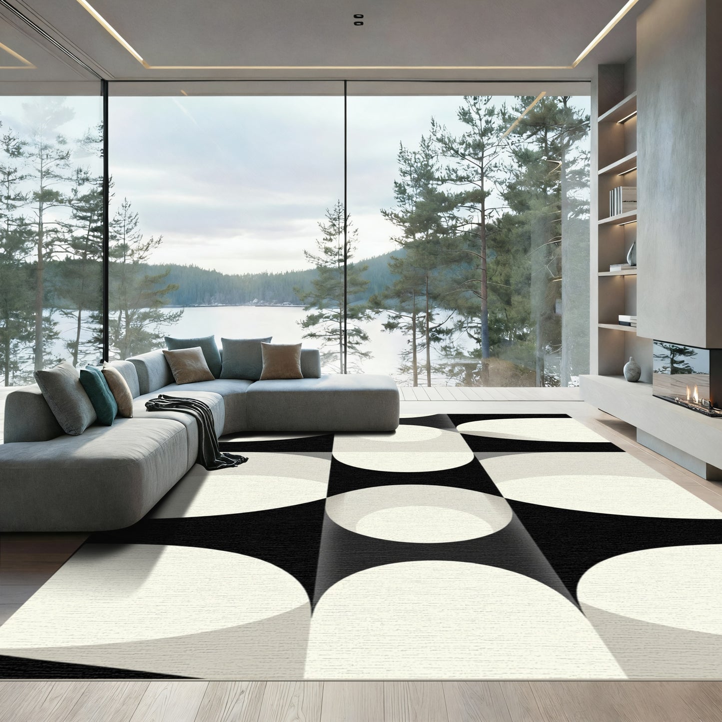 Black Cream Abstract Geometric Arc Rug