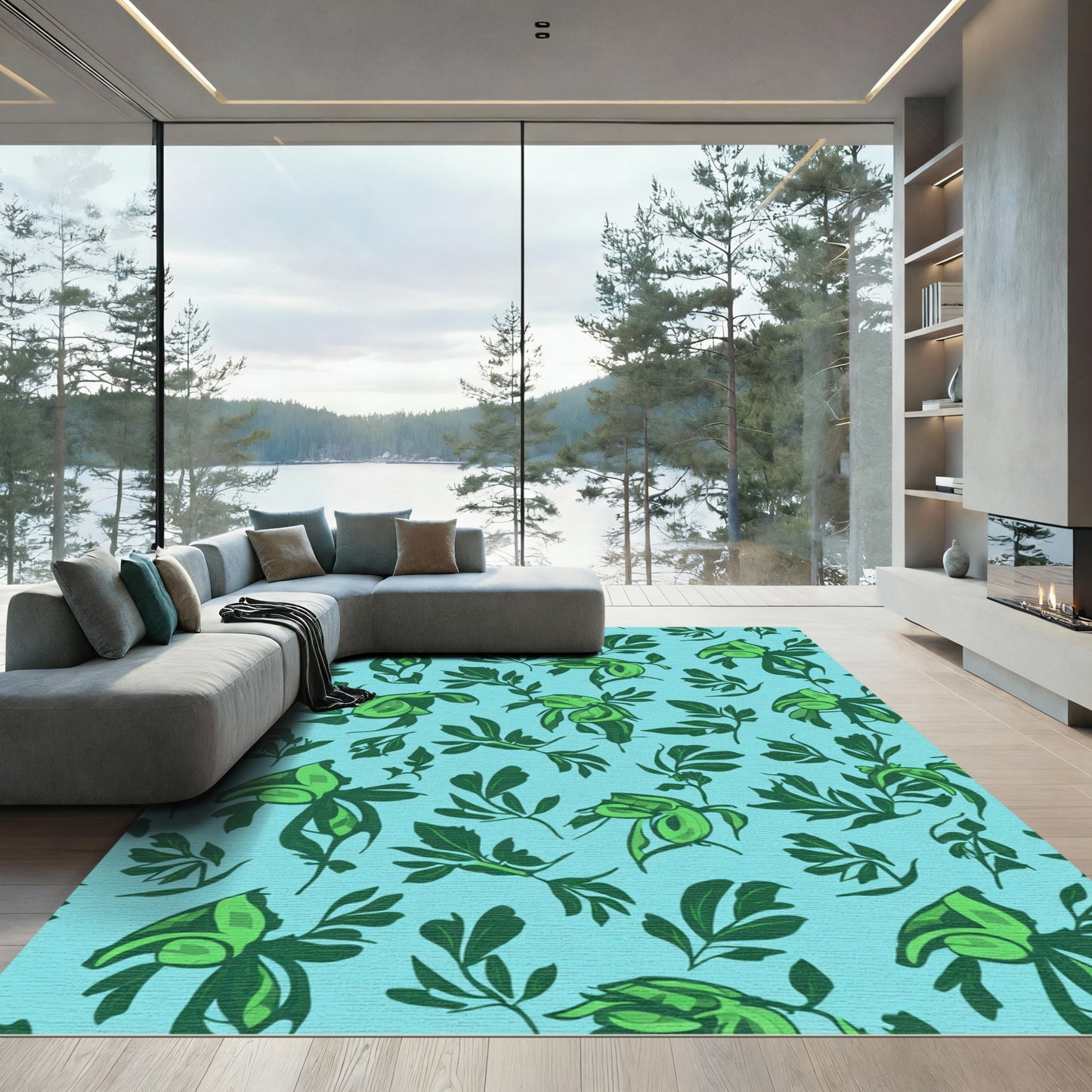 Green Leafy Branches Aqua Background Rug
