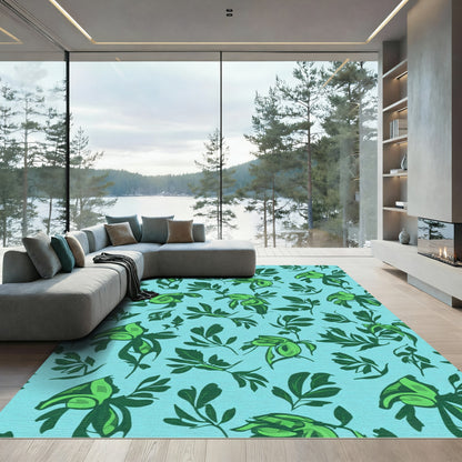 Green Leafy Branches Aqua Background Rug