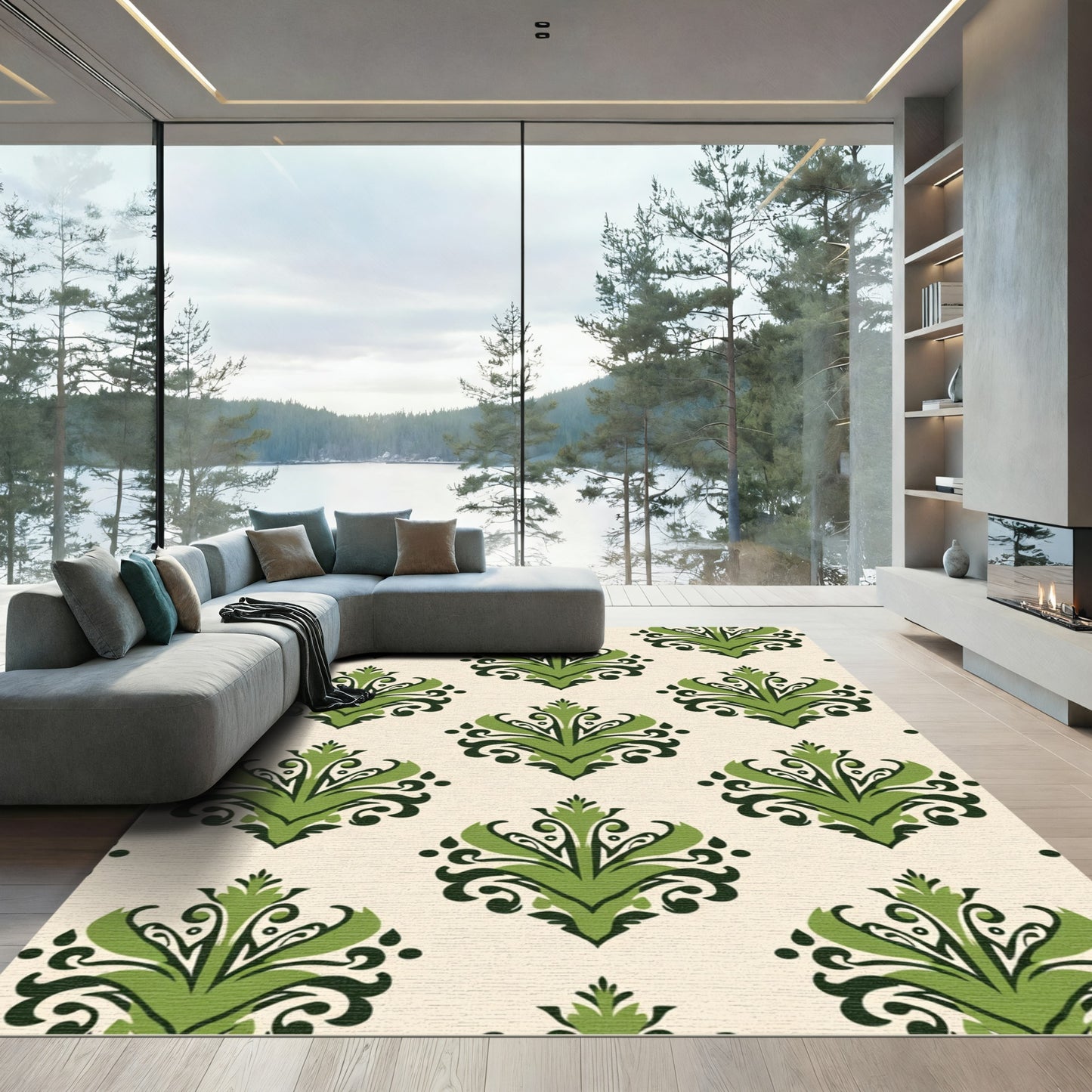 Green Leaf Damask Medallion Rug