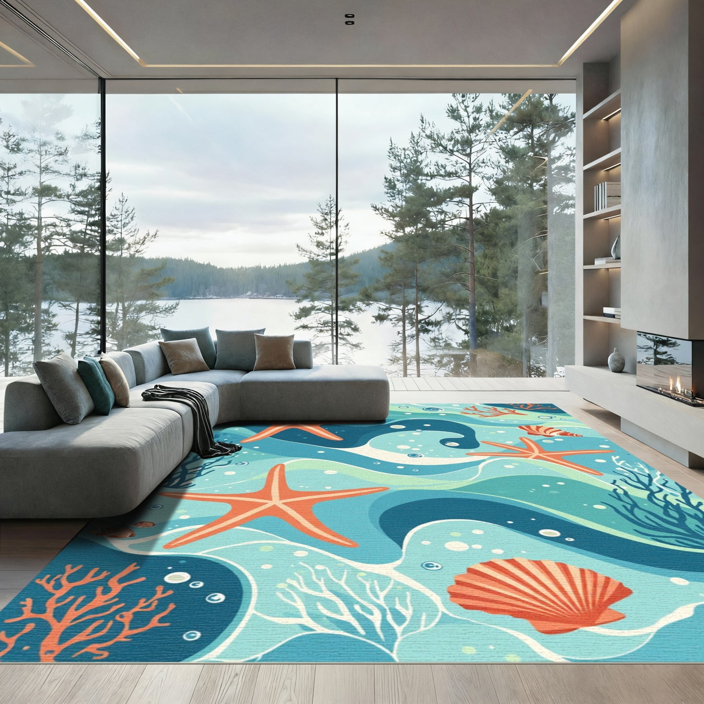 Coral Starfish Waves And Shells Rug