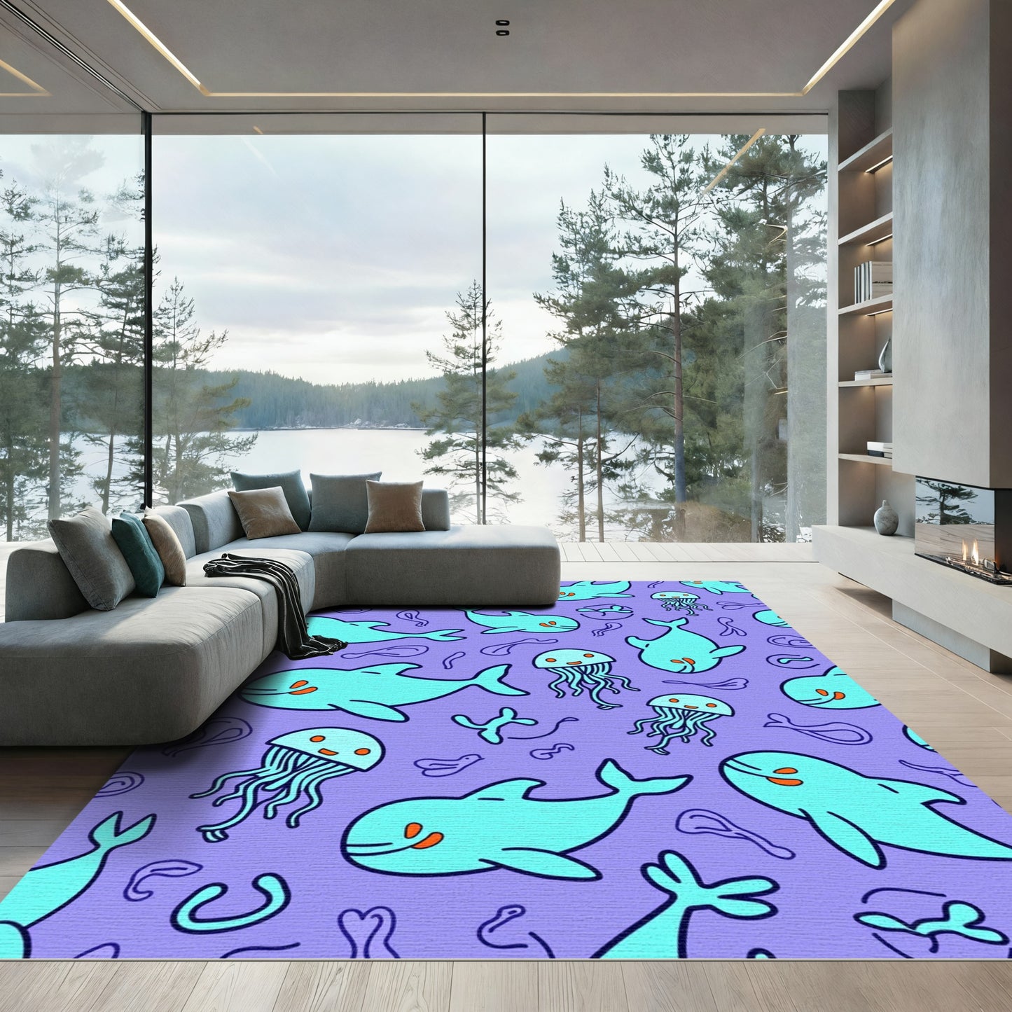Whimsical Aquatic Life Dolphin Jellyfish Rug
