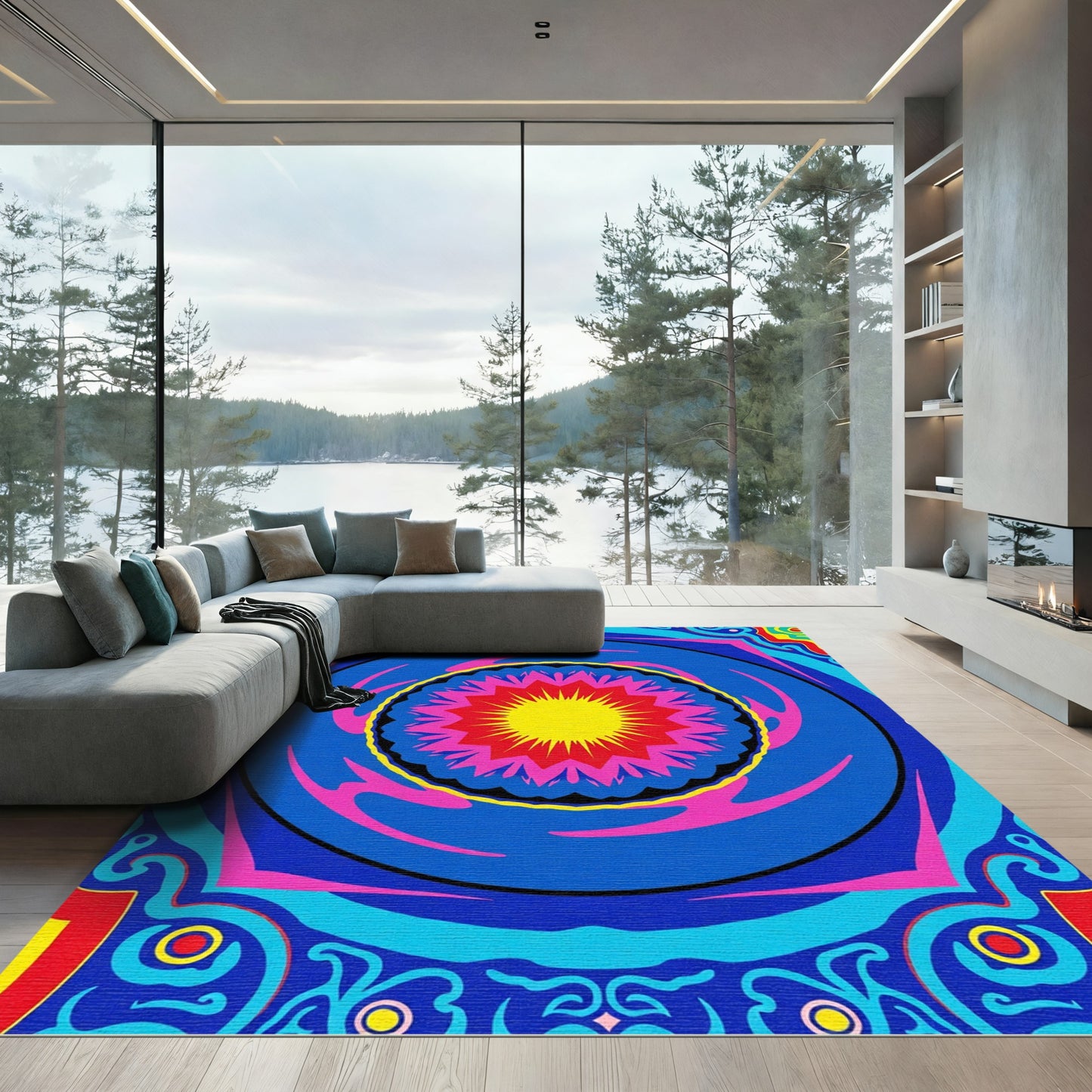 Vibrant Yellow Sunburst Mandala Rug