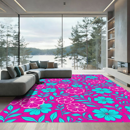 Vibrant Pink Teal Floral Sprig Pattern Rug