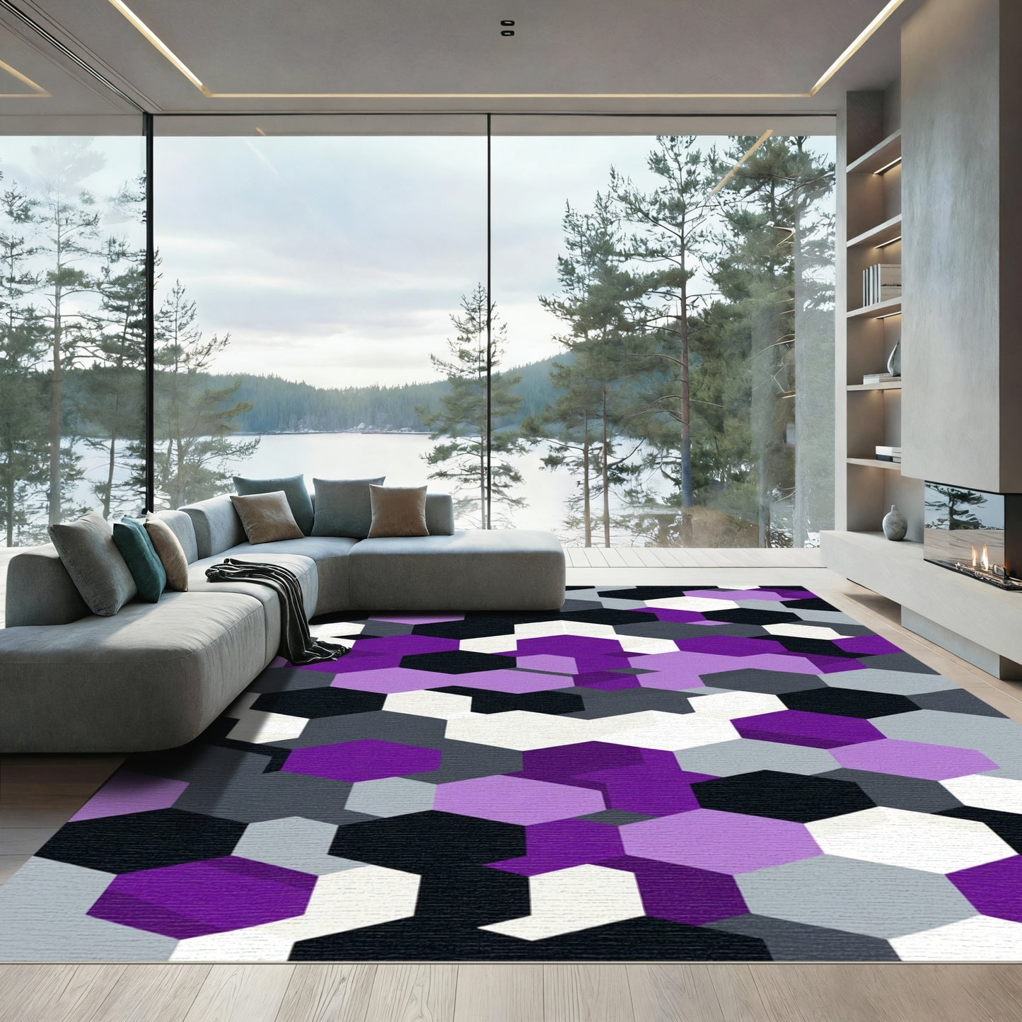 Geometric Purple Black Gray Hexagons Rug