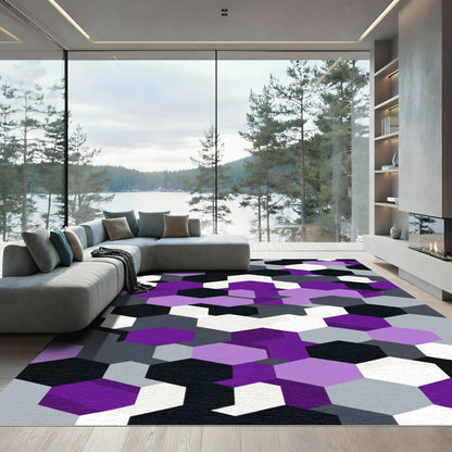 Geometric Purple Black Gray Hexagons Rug