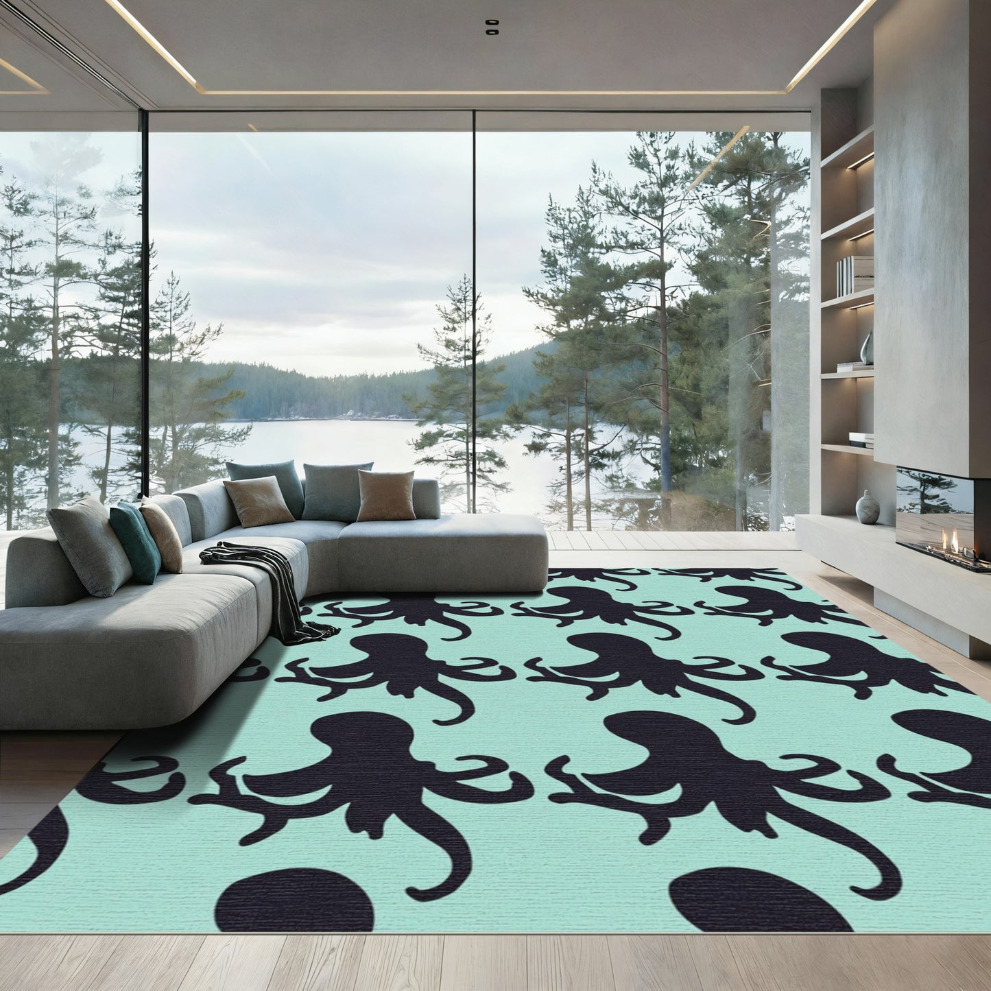 Dark Octopus Repeating Aqua Pattern Rug