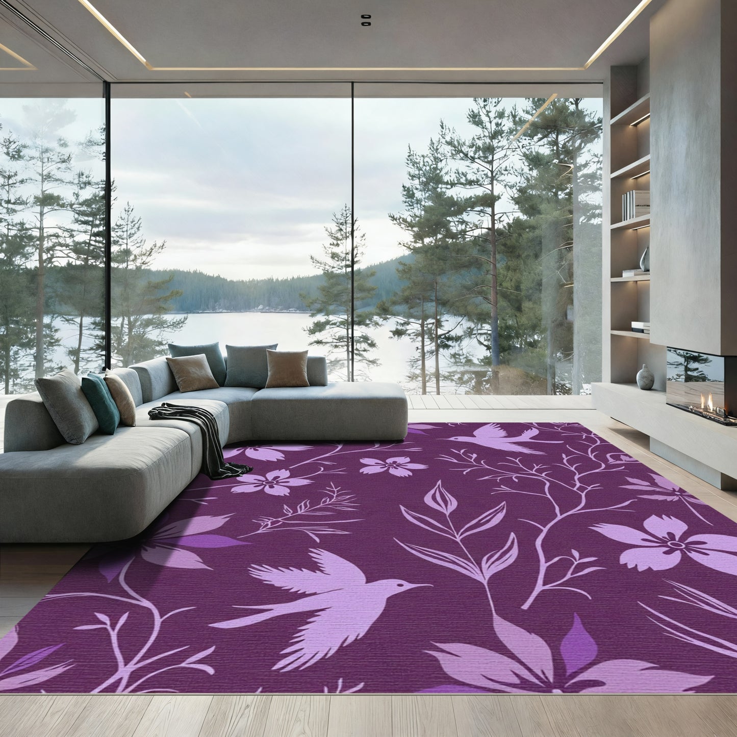 Whimsical Violet Floral Bird Branch Rug