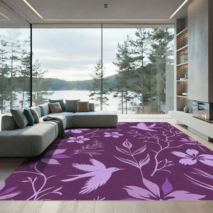 Whimsical Violet Floral Bird Branch Rug
