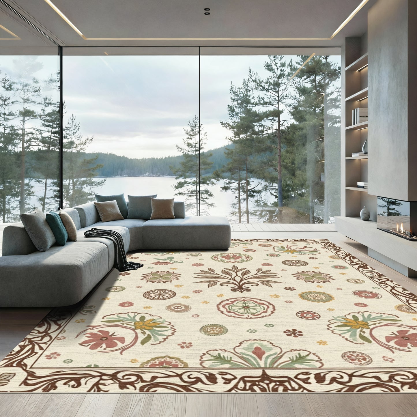 Earthy Floral Medallion Scroll Border Rug