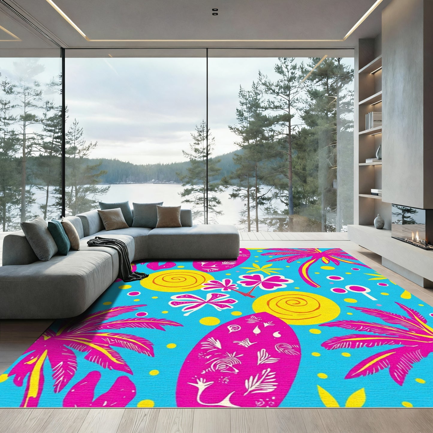 Vibrant Pink Palm Trees Surfboard Sun Rug