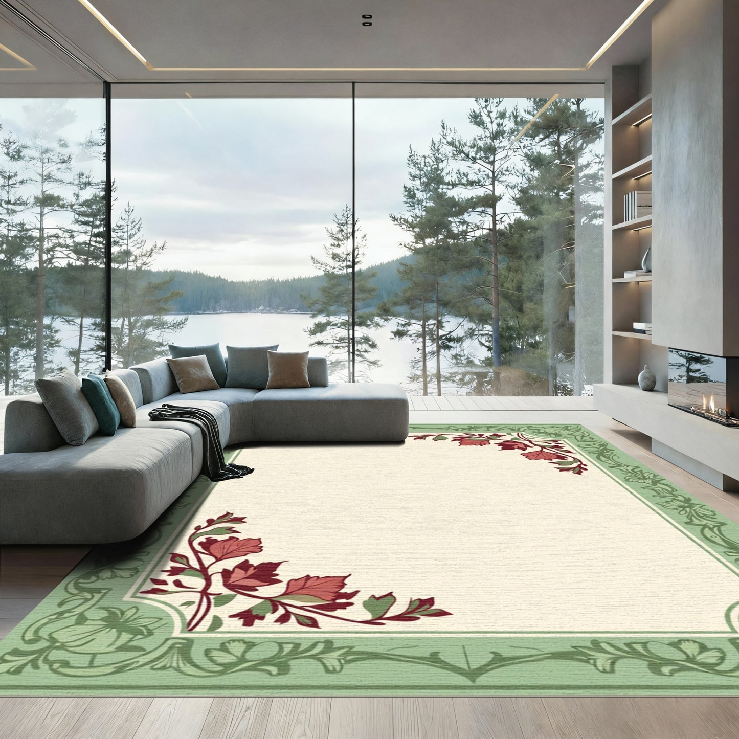 Sage Green Floral Corner Accents Rug