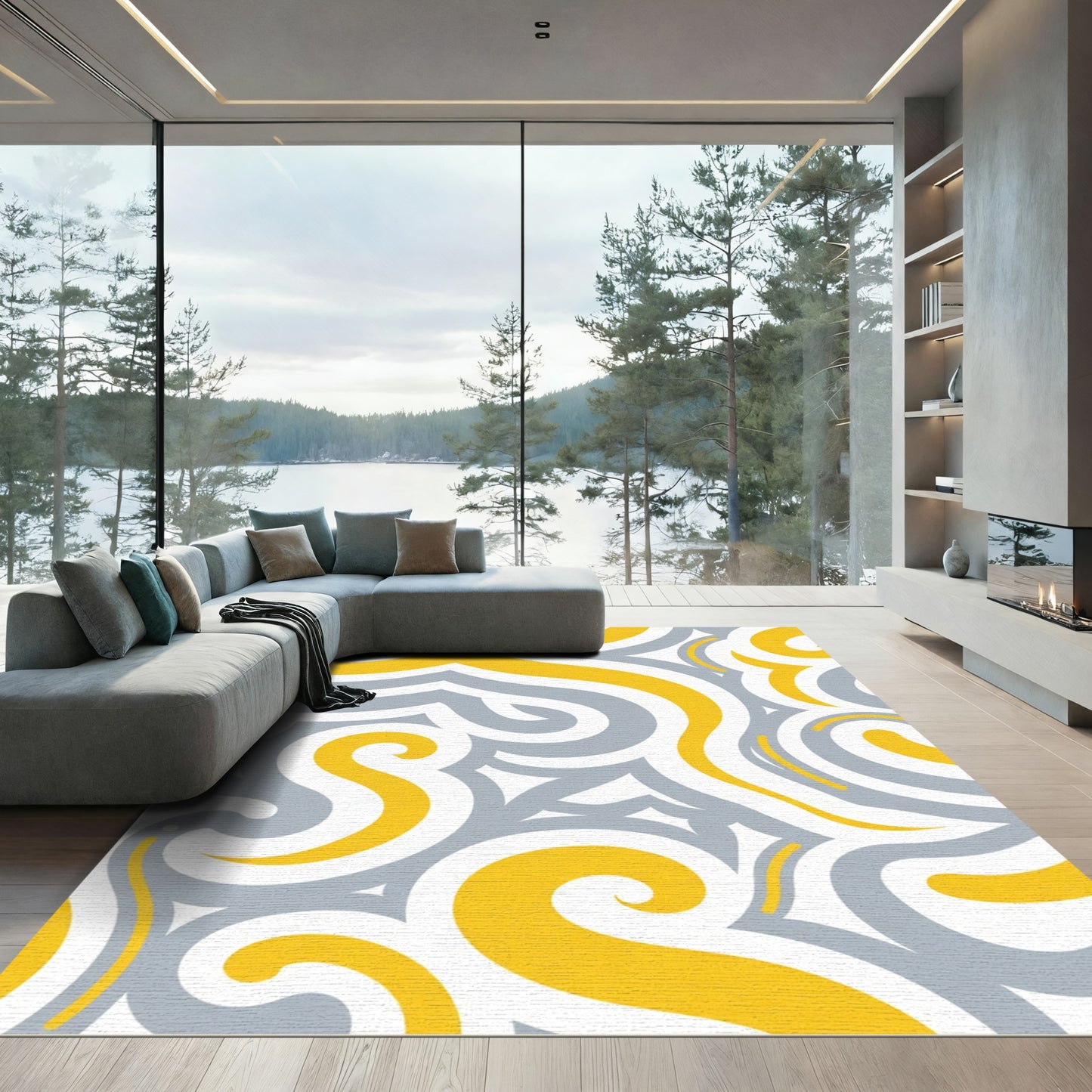 Yellow Gray Swirling Abstract Lines Rug