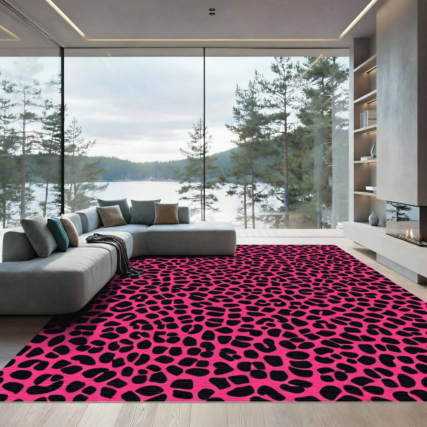 Vibrant Pink Black Leopard Spots Rug