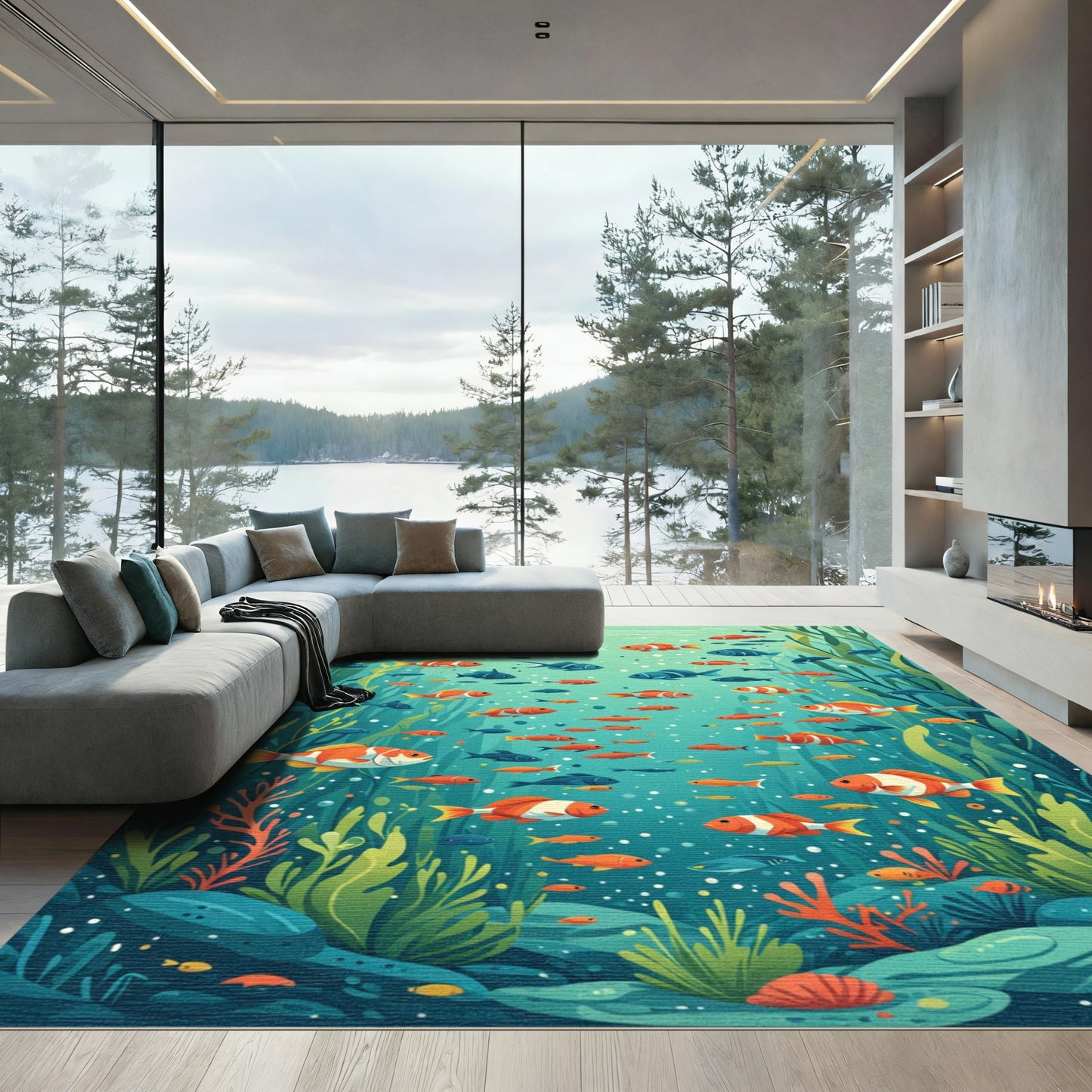 Orange White Fish School Coral Garden Rug