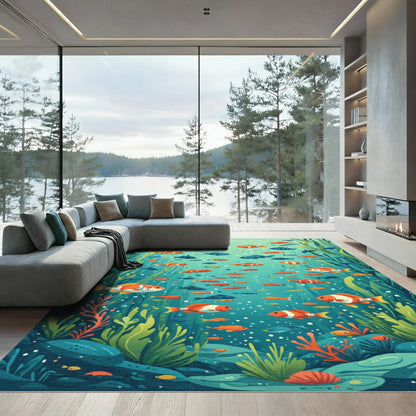 Orange White Fish School Coral Garden Rug