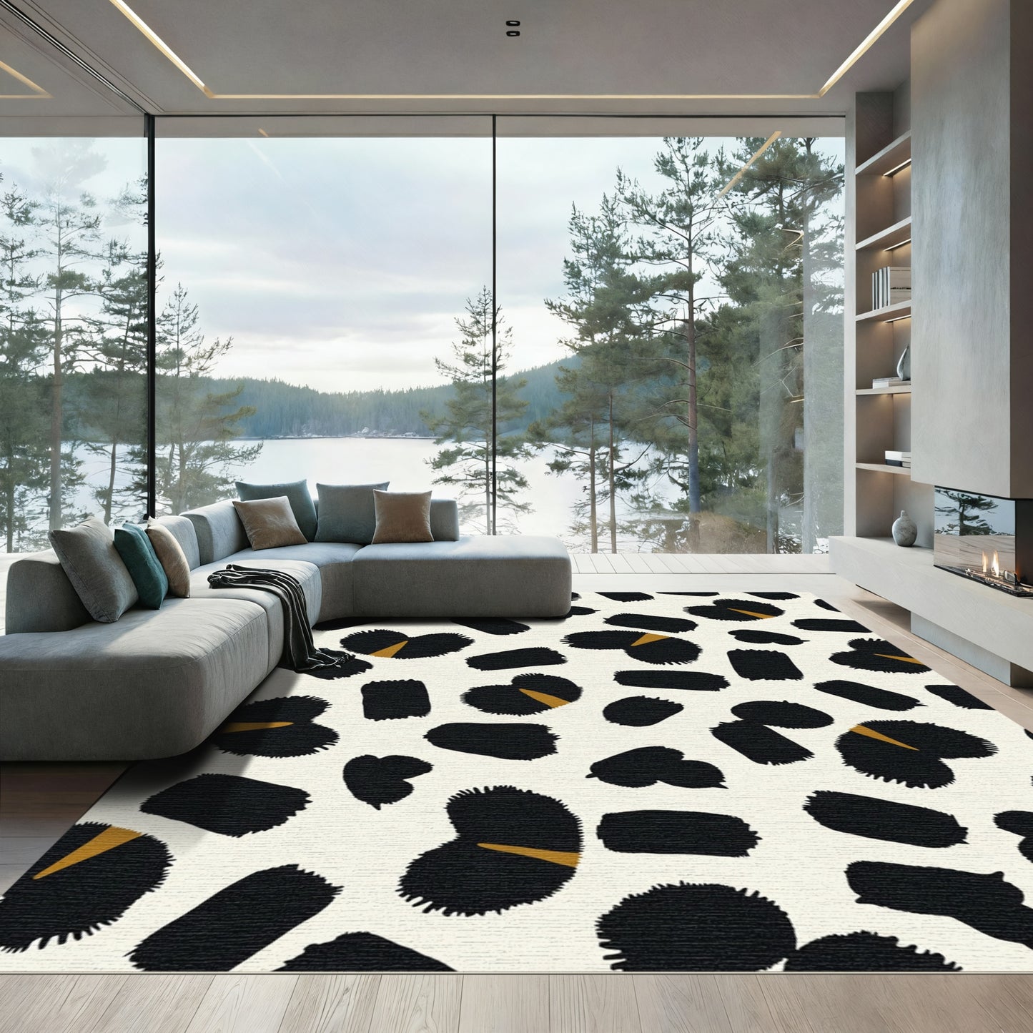 Black Gold Abstract Brushstroke Spots Rug