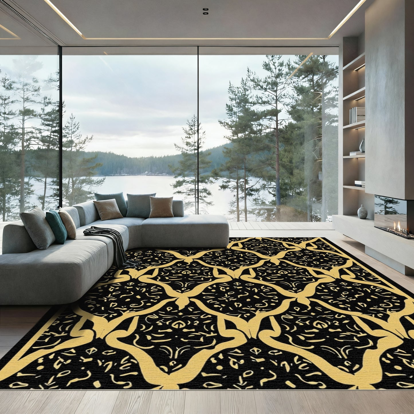 Gold Arabesque Black Lattice Rug