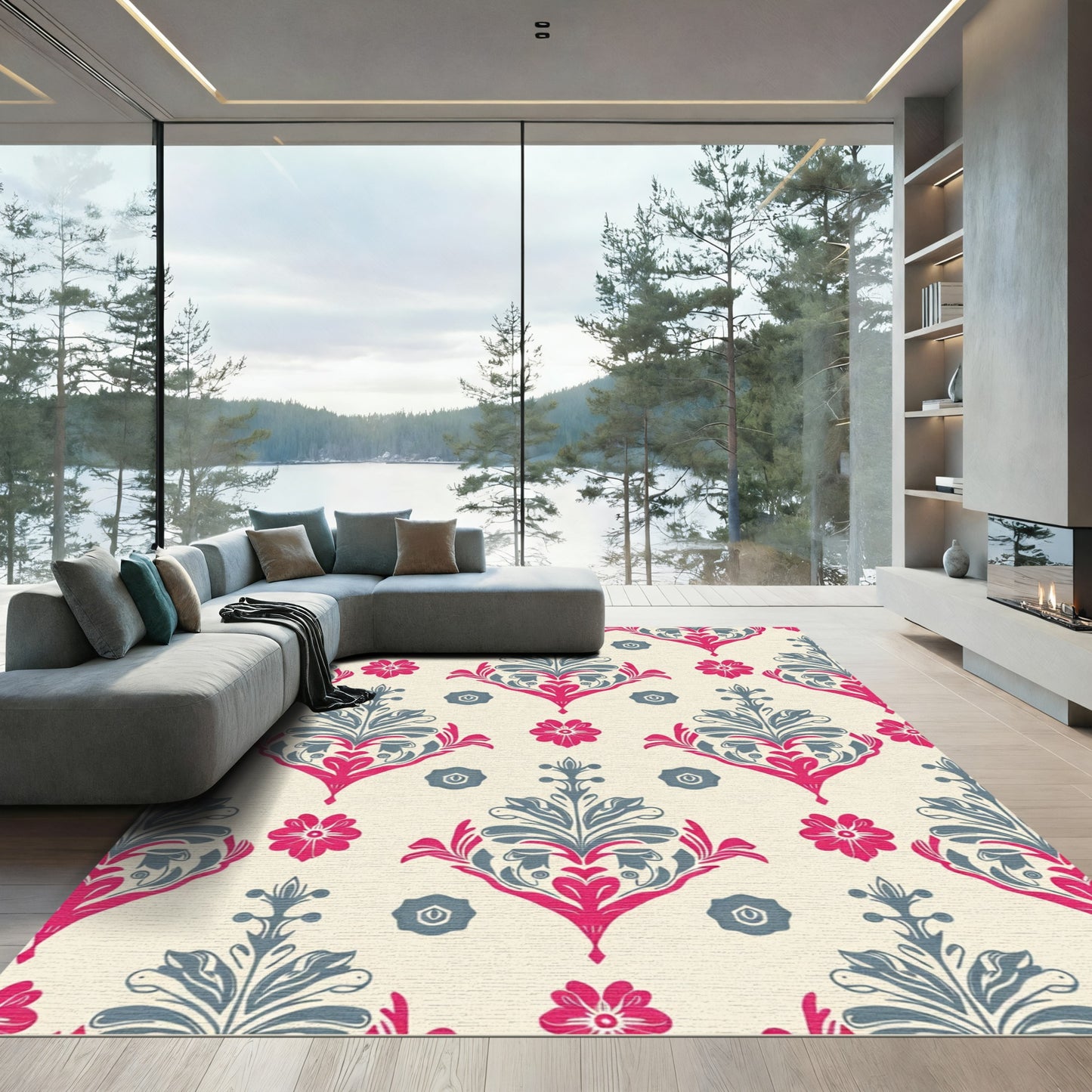 Fuchsia Slate Damask Floral Harmony Rug