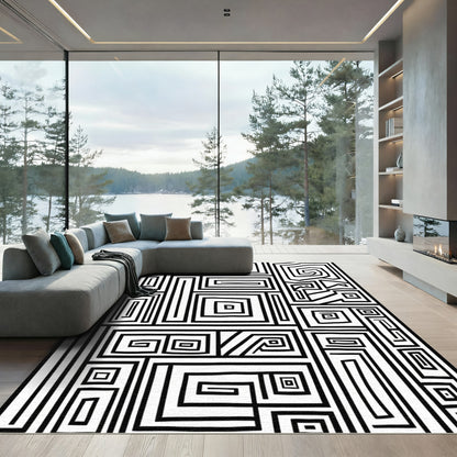 Monochrome Abstract Geometric Maze Rug