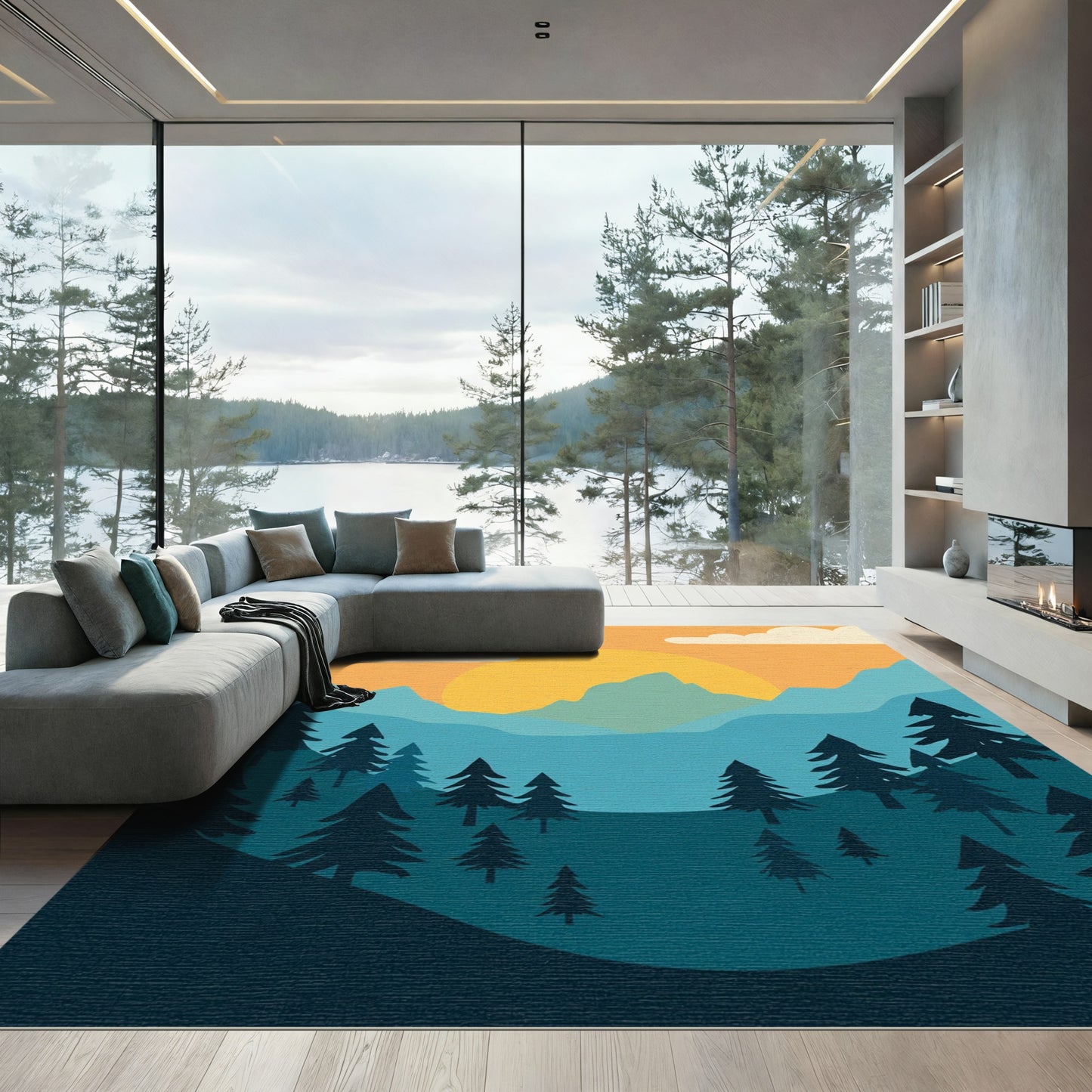 Vibrant Golden Sunset Forest Landscape Rug