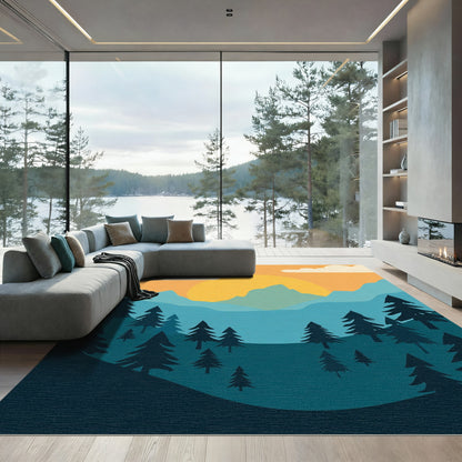 Vibrant Golden Sunset Forest Landscape Rug