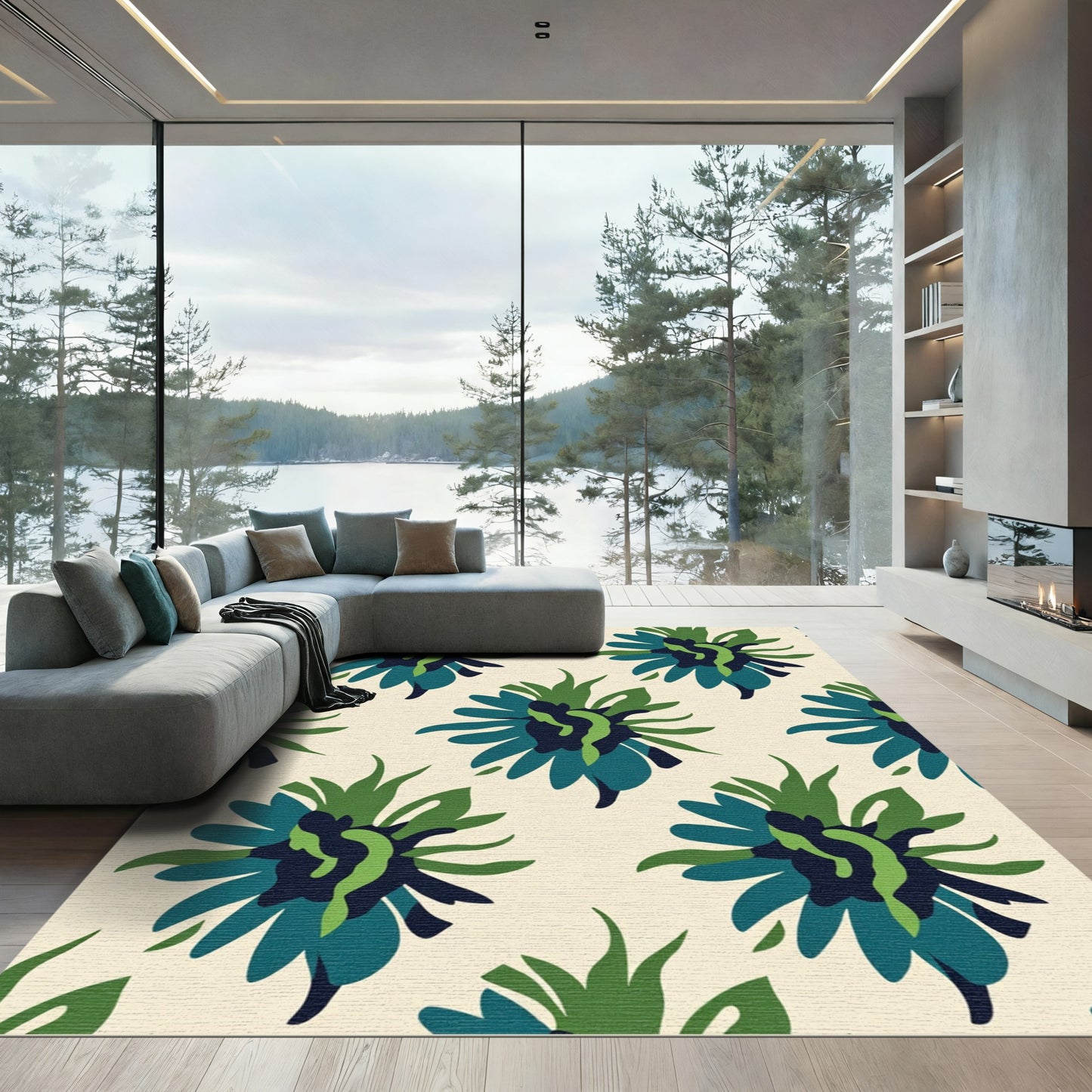 Abstract Floral Blue Green Blossom Rug