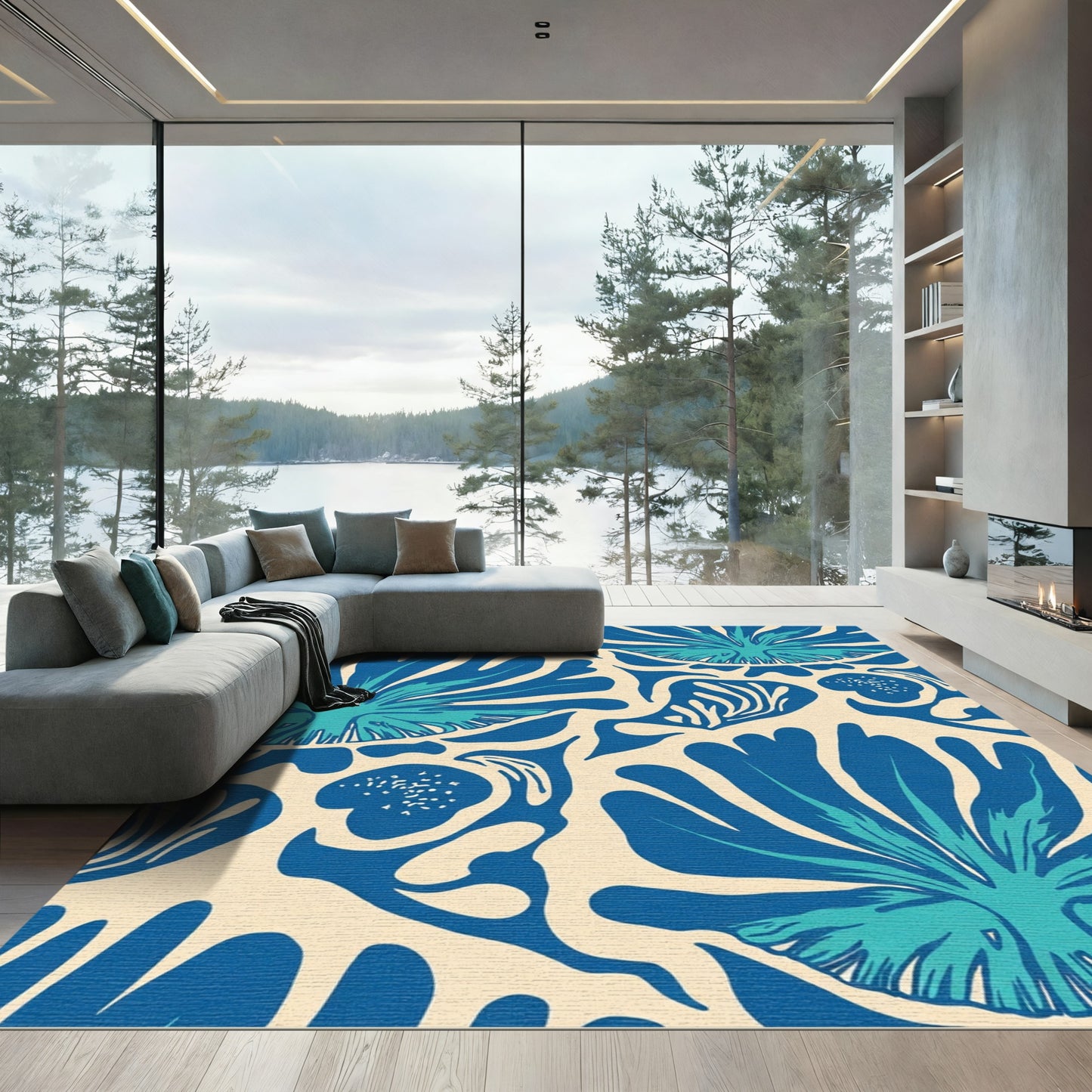 Royal Blue Tropical Fern Foliage Rug