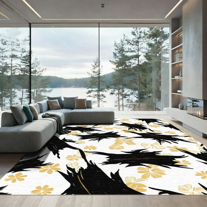 Black Golden Floral Abstract Shapes Rug