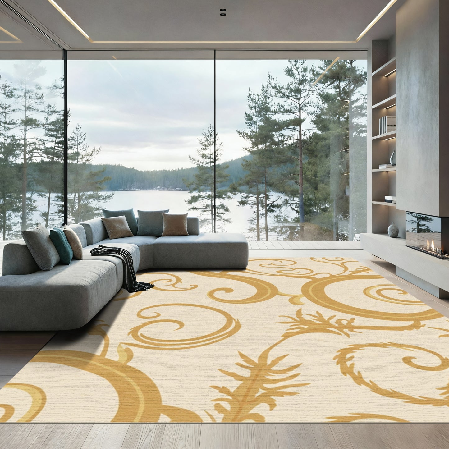Golden Baroque Swirl Foliage Rug