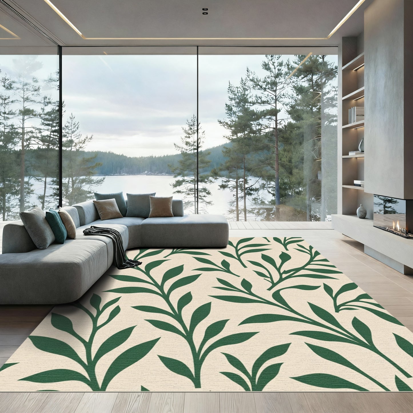 Deep Green Branching Foliage Contemporary Weave Rug