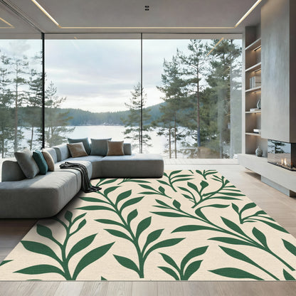 Deep Green Branching Foliage Contemporary Weave Rug