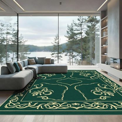 Emerald Green Golden Floral Arabesque Rug