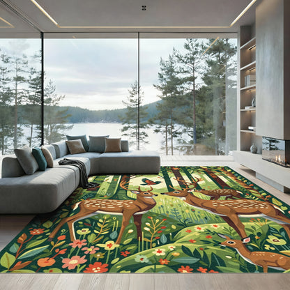 Whimsical Forest Deer and Bird Scene Rug
