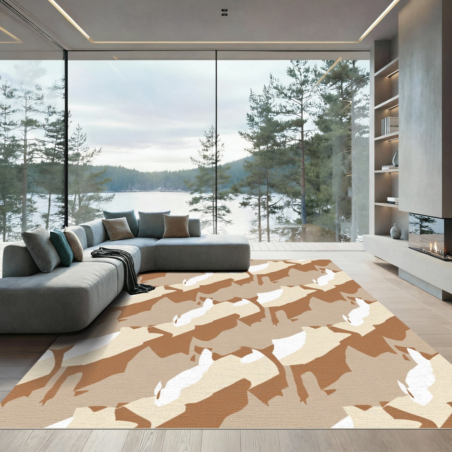 Abstract Camouflage Terracotta Cream Shapes Rug