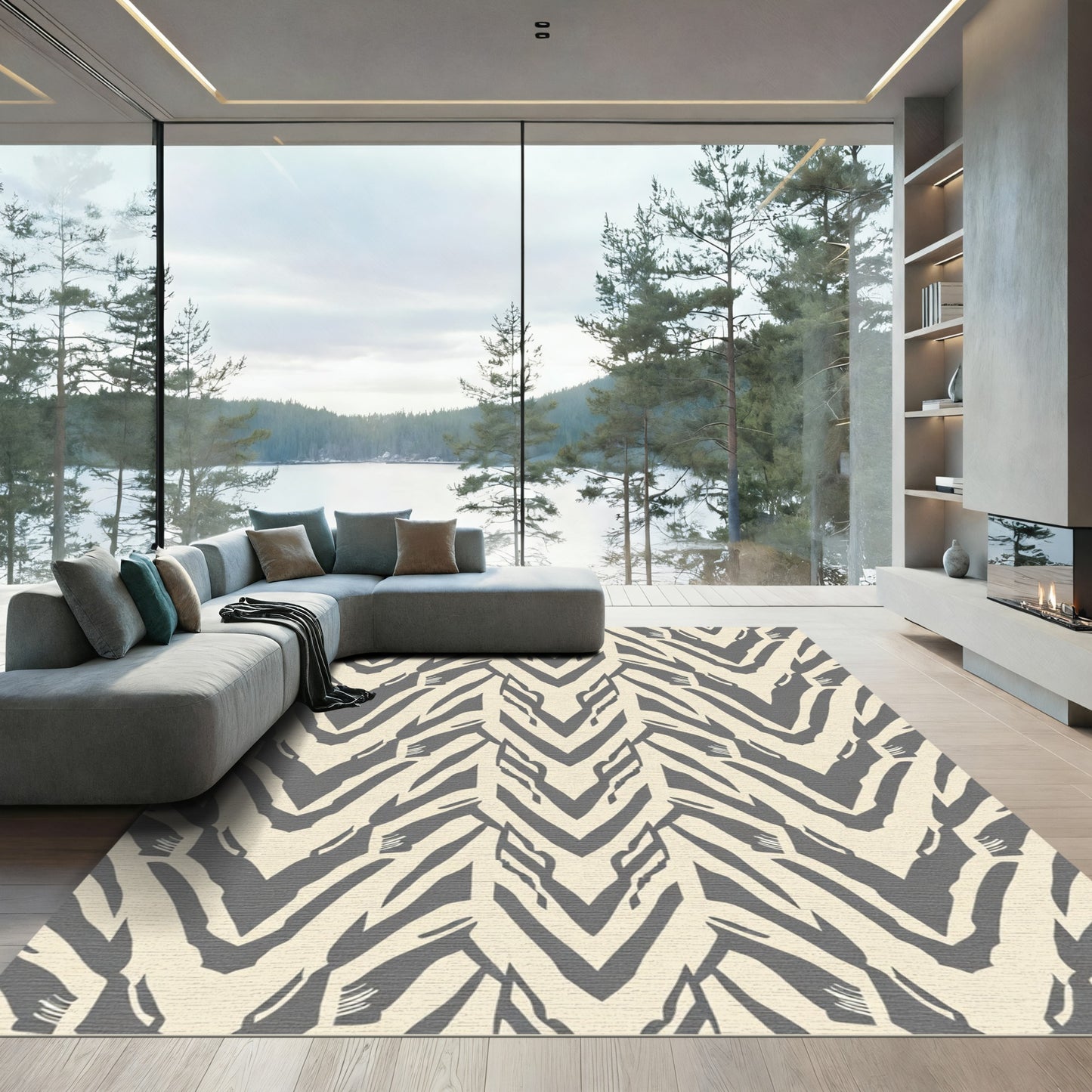 Gray Cream Abstract Chevron Rug
