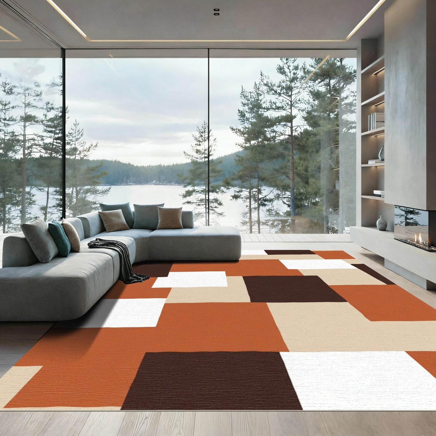 Earthy Tone Patchwork Geometric Composition Rug