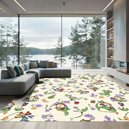 Whimsical Floral Scene Colorful Animals Rug