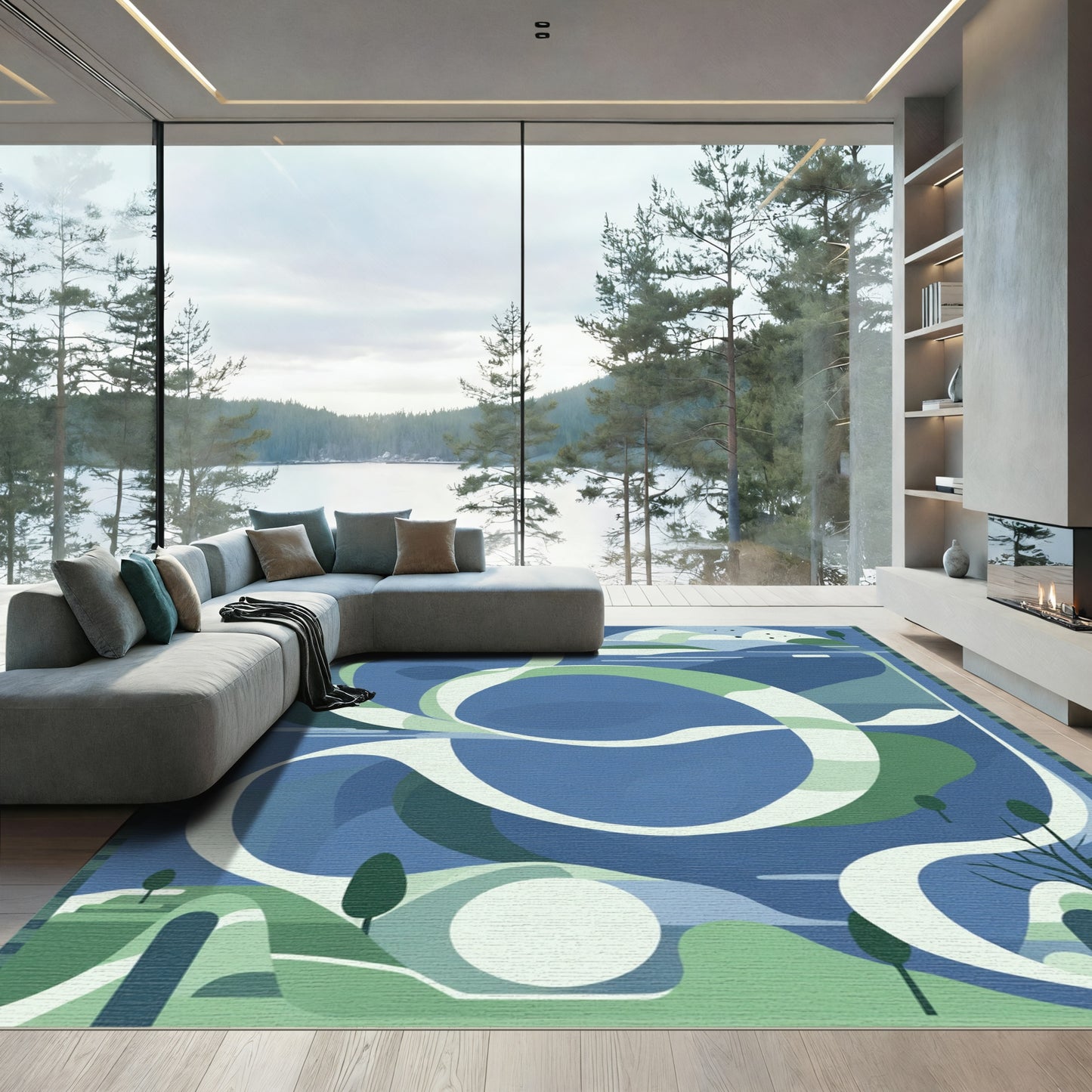 Serene Blue Green Abstract Landscape Rug
