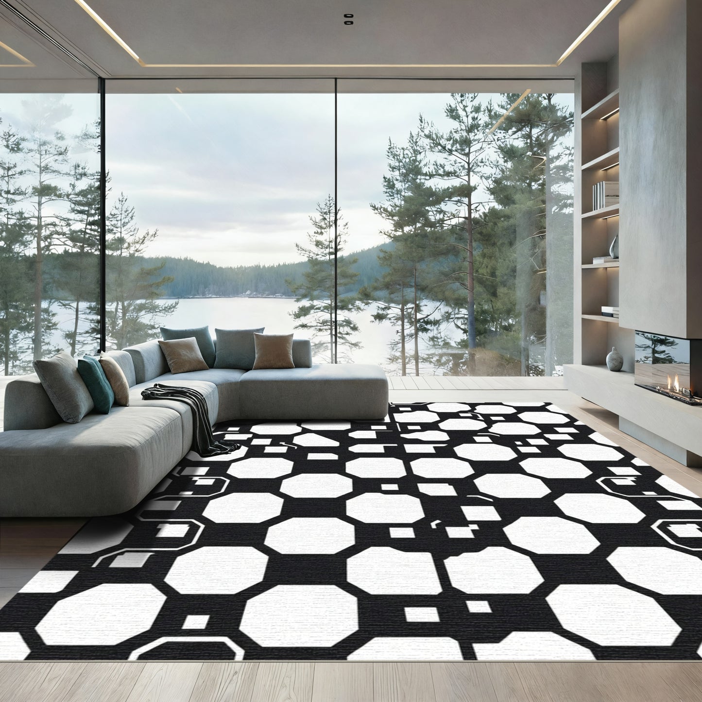 Black White Octagon Tile Mosaic Rug