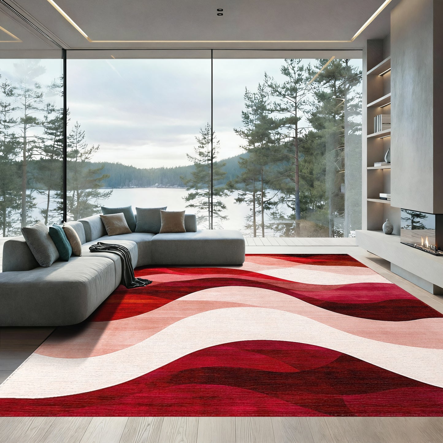 Abstract Red Layered Waves Rug