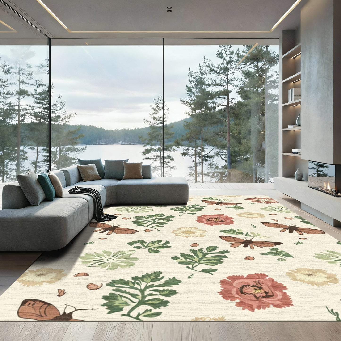 Brown Butterfly Floral Garden Scene Rug